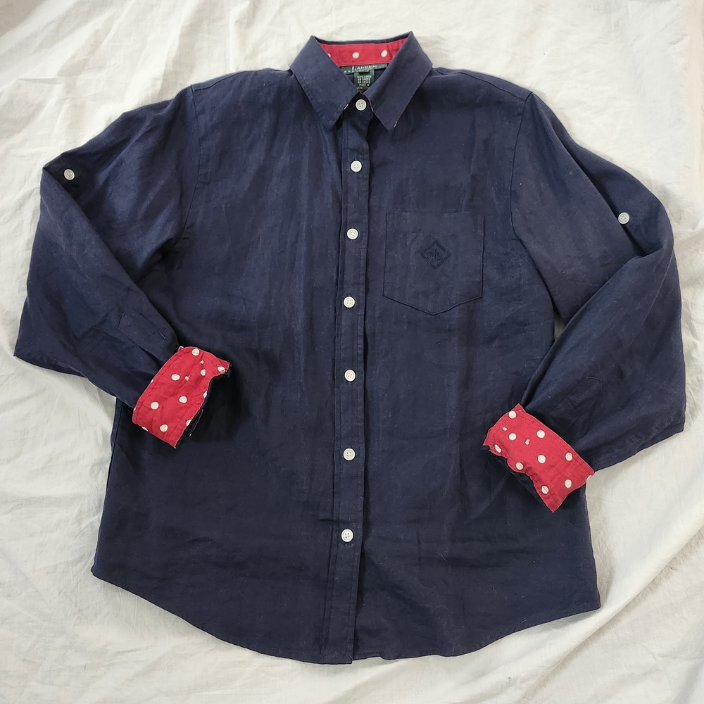 Lauren Ralph Lauren 100% Linen, Red Polka Dots Women's Navy Blue Shirt, Size M